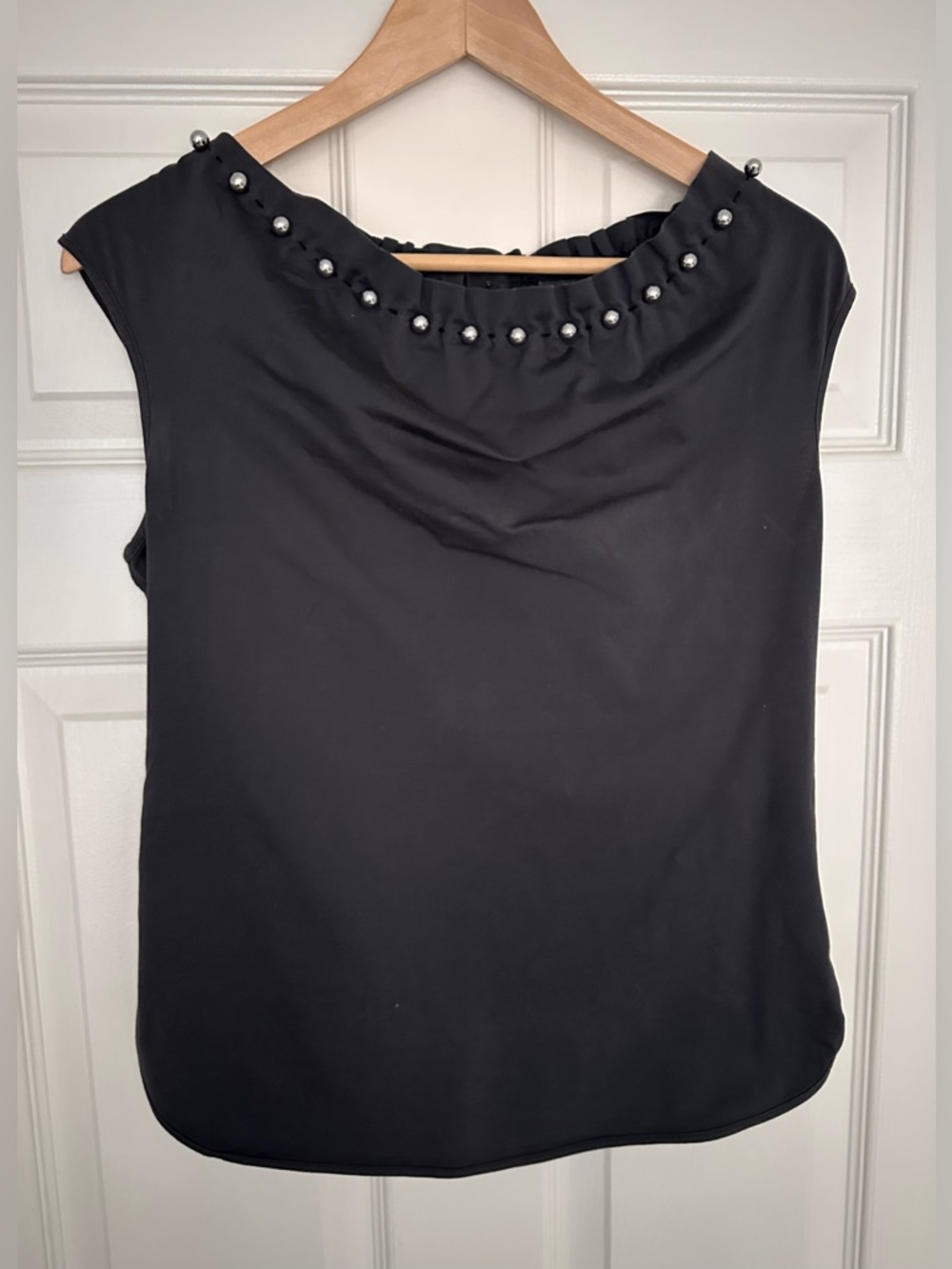 Per Se Dark Grey Studded Ruffle-Neck Top, Size S